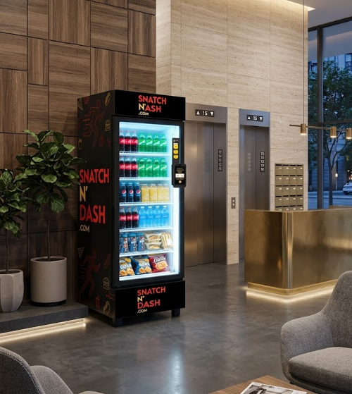 Snatch N' Dash vending machine in apartment building lobby