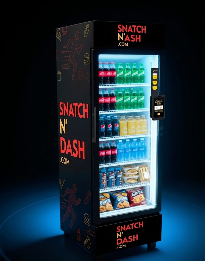 Snatch N' Dash AI vending machine stocked with drinks and snacks