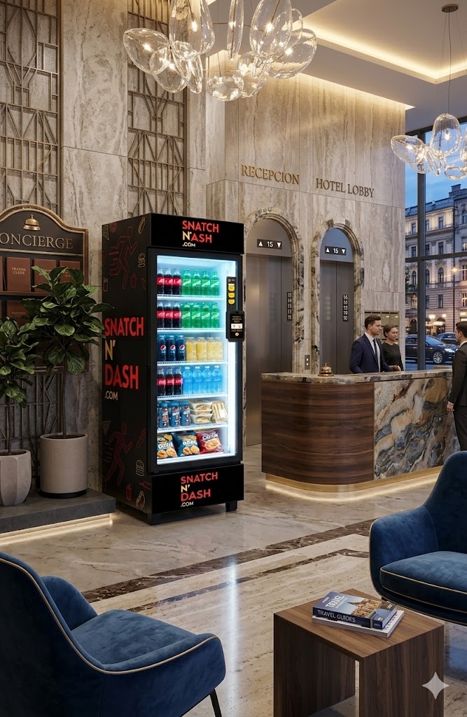 Snatch N' Dash vending machine in hotel lobby near reception